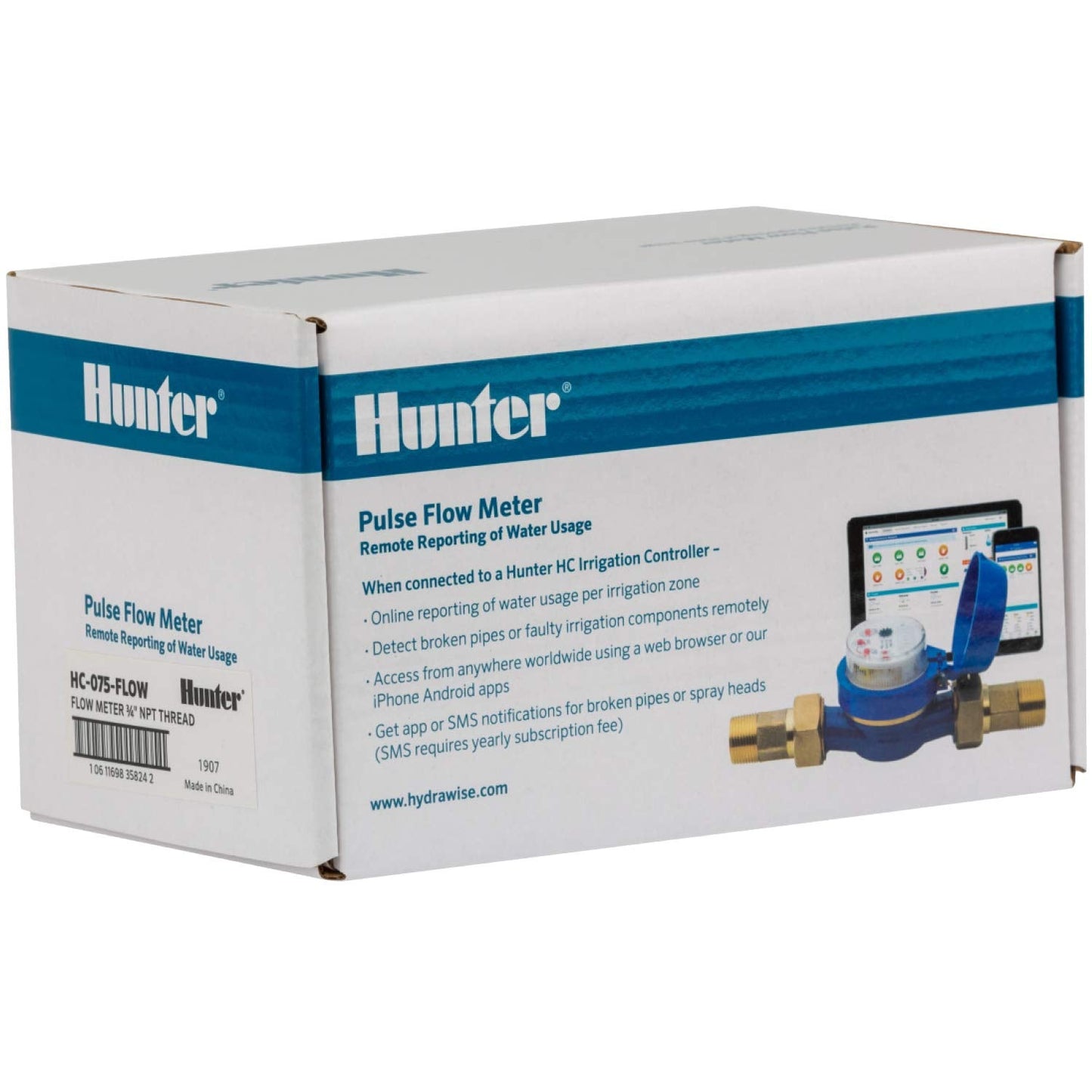 Hunter HC100FLOW 1" Irrigation Flow Meter, Smart Water Meter for Sprinkler Systems, Leak Detection Sensor, Flow Monitoring, Compatible with HC, Pro-HC, HPC, and HCC Controllers