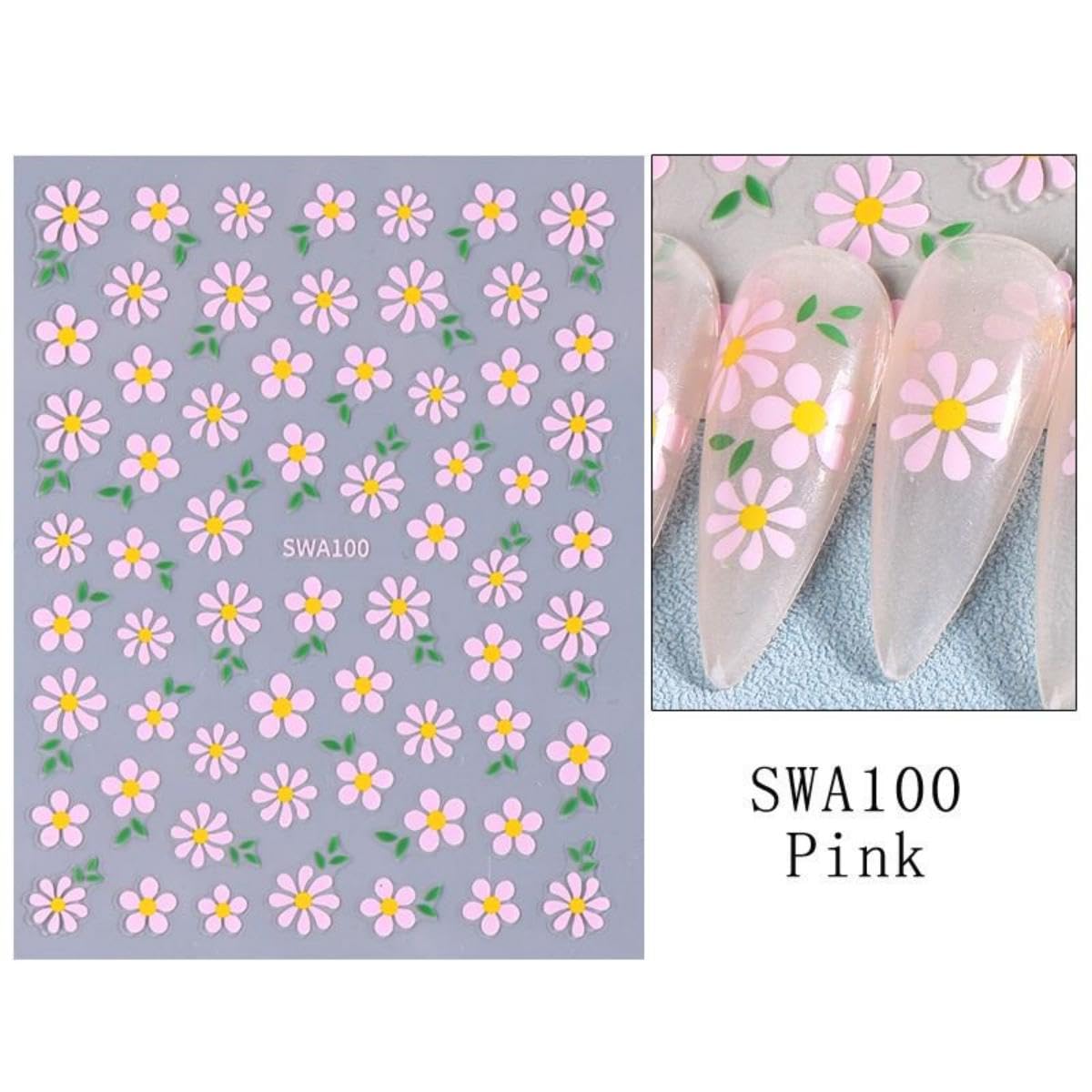 Flower Nail Stickers 3D Self-Adhesive Yellow Floral Nail Art Stickers Pink Daisy Nail Decals Red Flower Nail Designs Green Leaf Summer Nail Art Decoration for Women Girls Manicure 6 Sheets