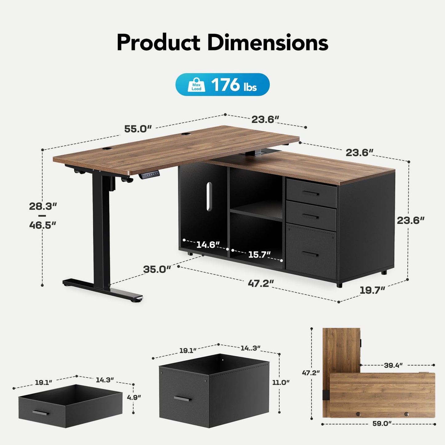 HUANUO L Shaped Standing Desk, Electric Executive Desk with Drawers, Adjustable Height Stand Up Desk, 55″ x 23.6″ One-Whole Piece Desktop, Home Office Computer Desk with 4 Memory Presets, Walnut
