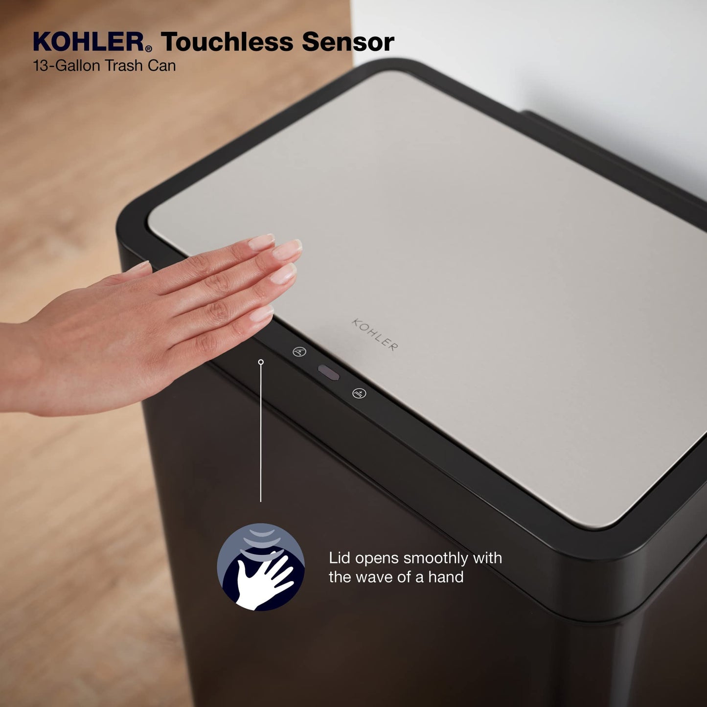 Kohler 23825-BST 13-Gallon Touchless Black Stainless Steel Trash Can, Hands-Free Motion Sensor Lid, Durable, Fingerprint-Resistant, Easy to Clean, K-23825-BST