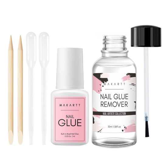 Makartt Nail Glue with Remover Kit: Super Strong,Quick Dry Nails Adhesive for Press-Ons 7ML, with Press on Nail Glue Remover, 30ML Fast Removal Debonder with 2 Droppers DIY Manicure at Home Salon