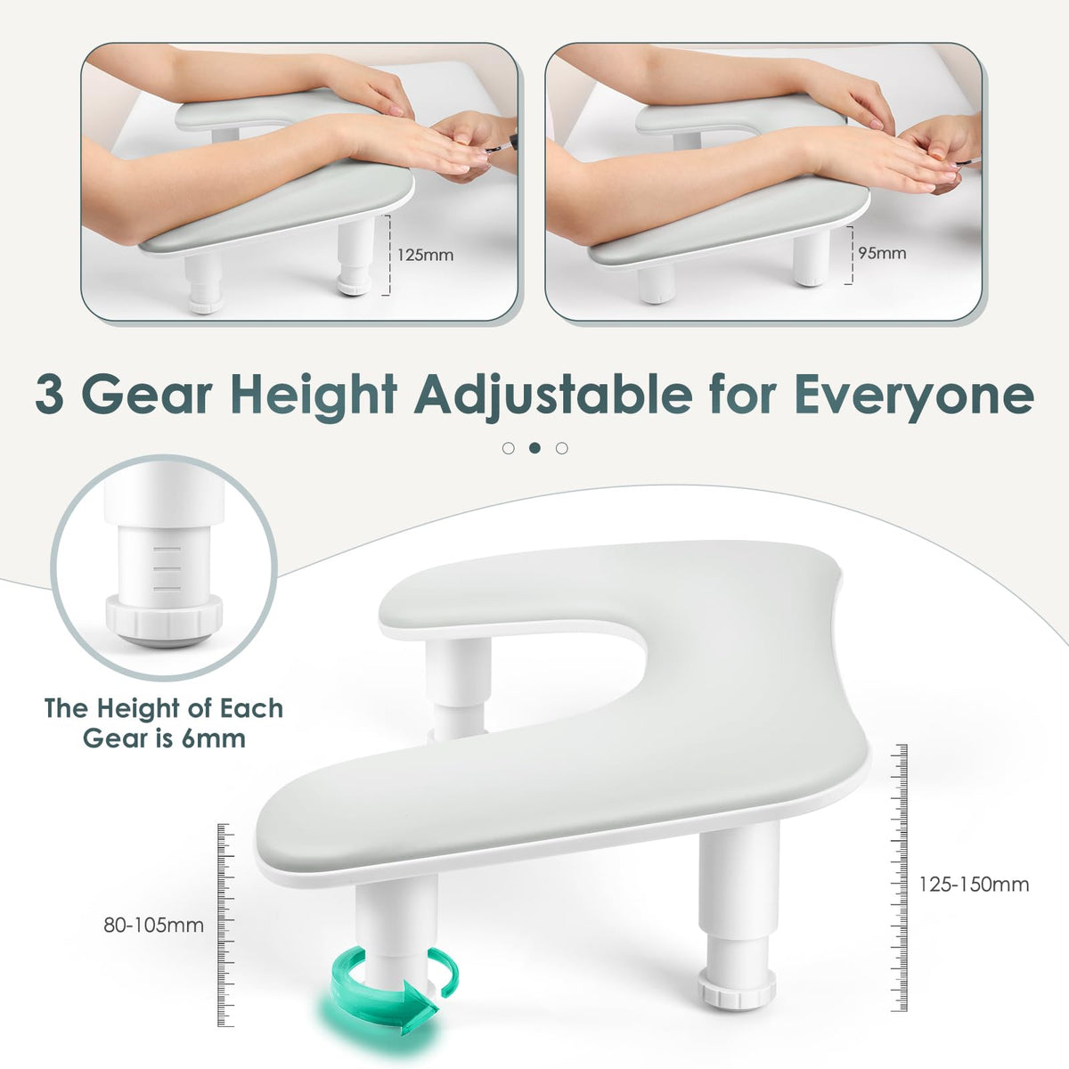 Manicure Arm Rest for Nails Tech: U-shaped Adjustable Nail Armrest - Gray PU Leather Hand Stand Rest for Manicurists