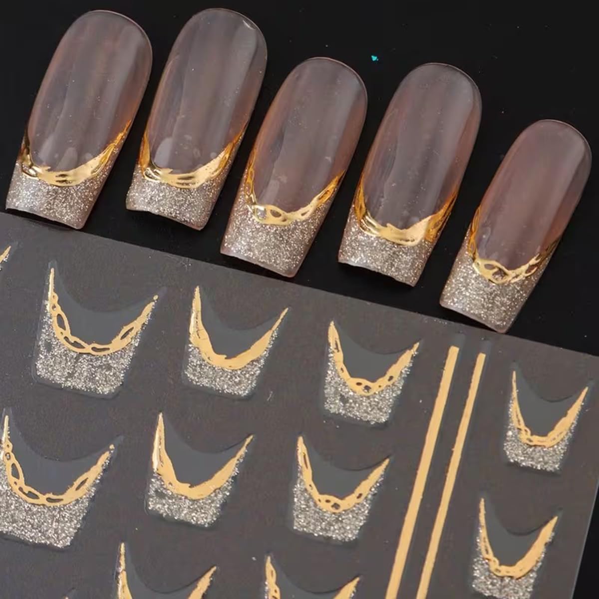 French Line Nail Art Stickers Golden Glitter French Tip Nail Decals Nail Art Supplies 6PCS Stripe Tape Wave Butterfly Nails Adhesive Sliders Manicure Sticker for Nails Women Daily DIY Nail Decorations
