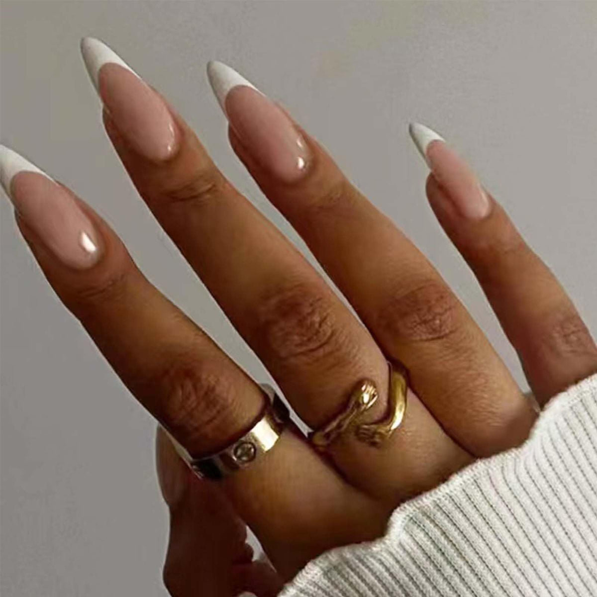 Hkanlre French Stiletto Fake Nails Acrylic Press on Nails Long Nude False Nails Full Cover Nails for Women and Girls 24PCS