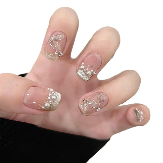 GLORS Press-on False Nails, Short Square Cat Eye Silk Ribbon with French Manicure, Glitter Finish, Pink/White Ombre, 10 Pieces (Small, SS)