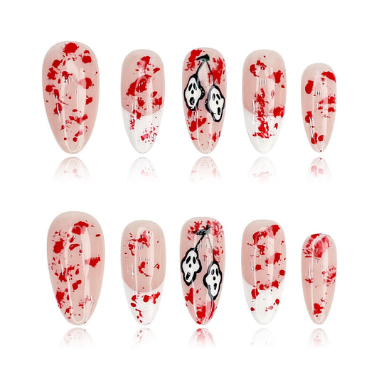 Yacey Halloween Handmade Press on Nails Medium Almond, Reusable Muti-Gel False Nails Press Ons, Horror Blood Design French Tips Thick Acrylic Fake Nails, 3D Glue on Nails for Women Girls (10 Pcs, S)