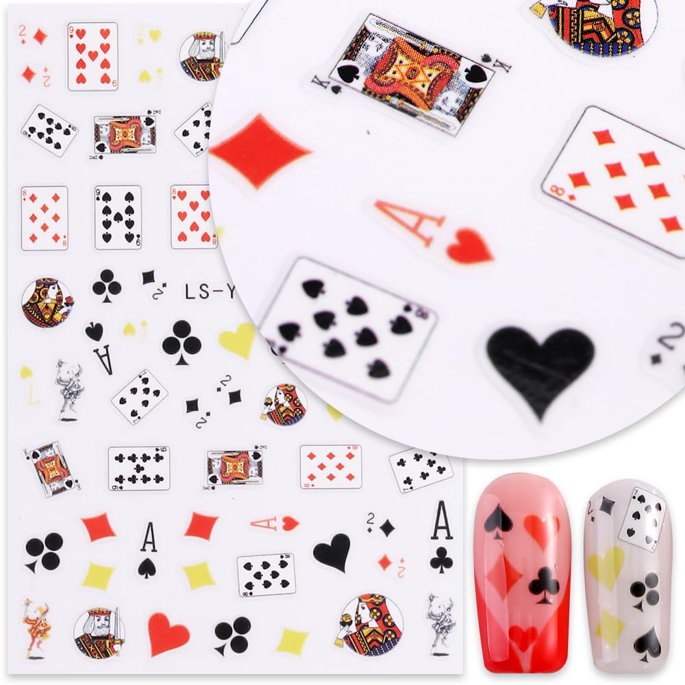 SIMAYKUWA 3D Self-Adhesive Nail Stickers - Poker Theme with Hearts & Diamonds, Trendy Fashion Nail Art Designs for Women A Set of 2 Sheets