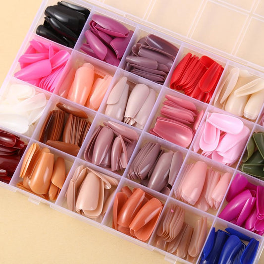576Pcs Medium Coffin Press on Nails 24 Solid Color Fake Nails with Designs Short Ballerina False Nails Full Cover Color Glue on Nails Glossy Summer Stick on Nail Set for Women Girls Nail Art DIY