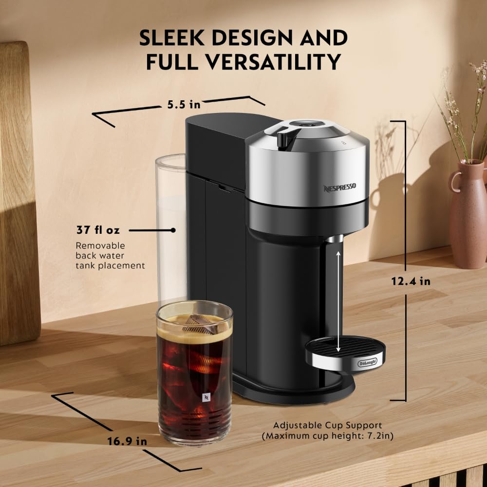 Nespresso Vertuo Next Deluxe Coffee and Espresso Machine by De'Longhi, Chrome