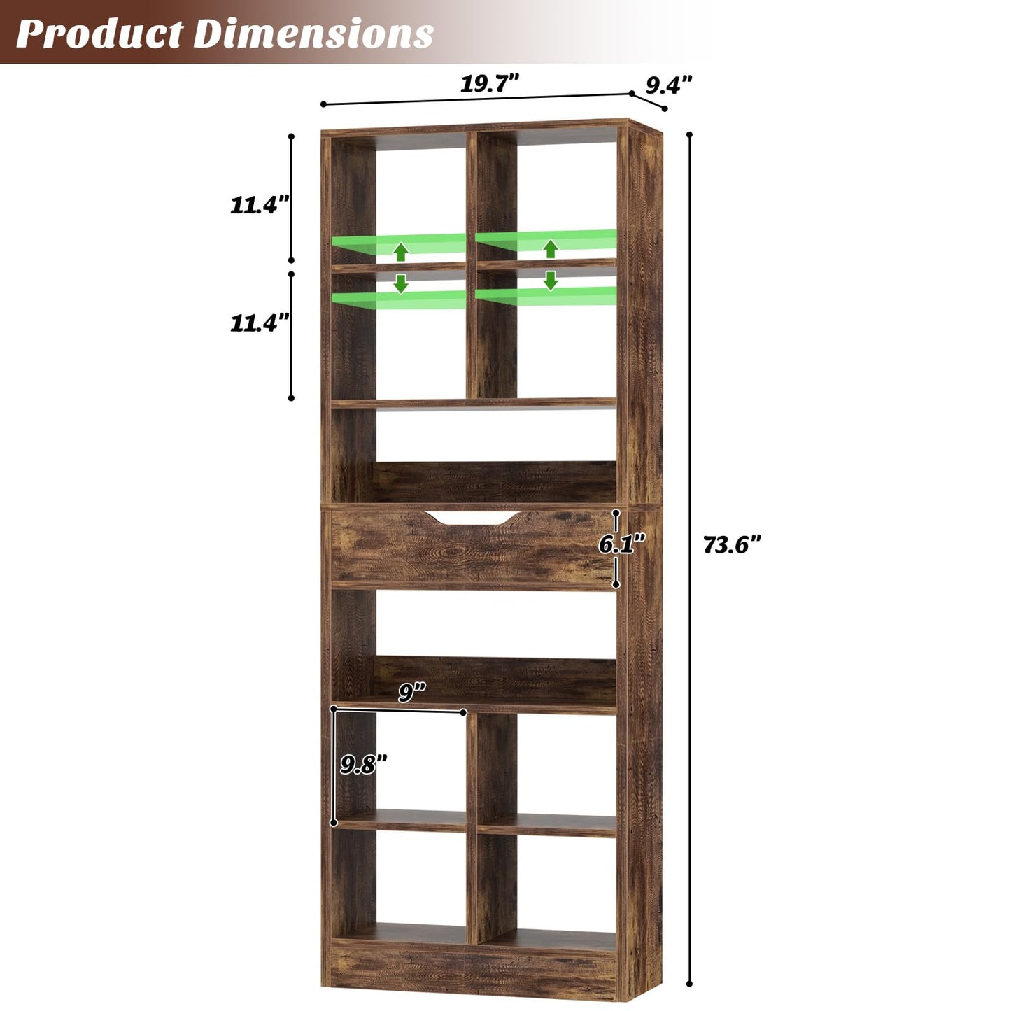 Armocity 8-Tier Book Shelf with Drawer, 73.6" Tall Bookcase and Bookshelf Modern Freestanding Open Display Shelves for Living Room Home Office, Bedroom, Rustic Brown