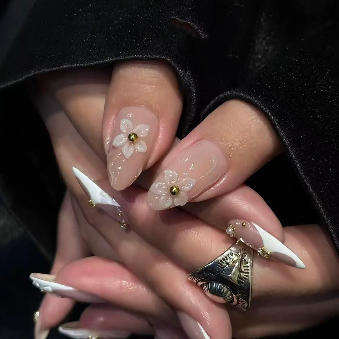 Handmade French Tip Press on Nail Almond Fake ons with Designs Chrome False Nails Long Glossy Full Cover Glue on Nails Stick Women Nails Manicure Decoration 10Pcs (MT-178-M)