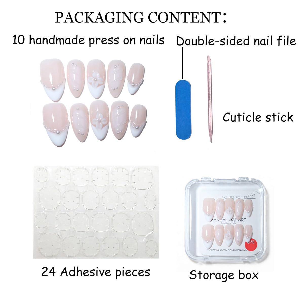 10Pcs Medium Almond Handmade Press On Nails | Easy Apply & Remove, Reusable Salon Quality Nails | Elegant Nude & White Fake Nails with 3D Floral & Pearl Accents(251217, XS)
