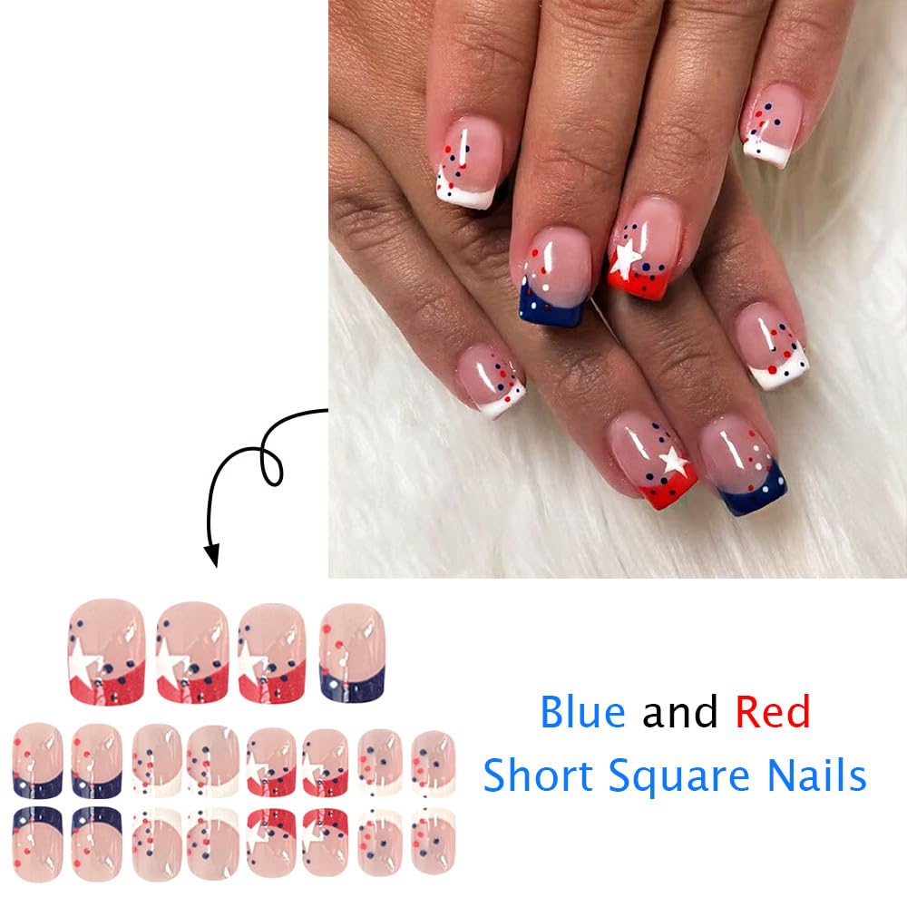 Independence Day French Tips Press on Nails Short Square Fake Nails Stars Polka Dot False Nails 4th of July Full Cover Glue on Nails for Women Girls Patriotic Manicure Decoration 24Pcs