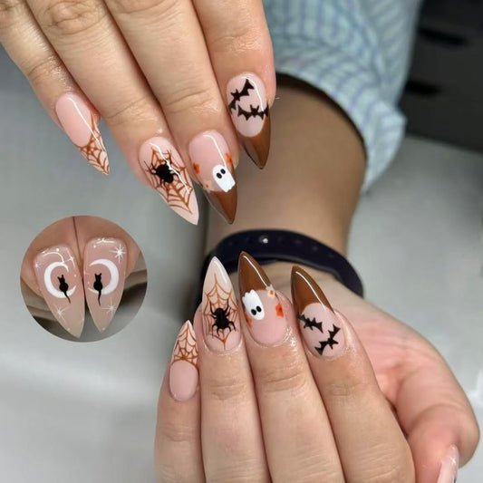 Handmade Press on Nails Halloween Press on Nails French Tip Fake Nails with Black Bat Spider Web Bow Full Cover Stick on Nails for Women DIY 10Pcs (MT-152-L)