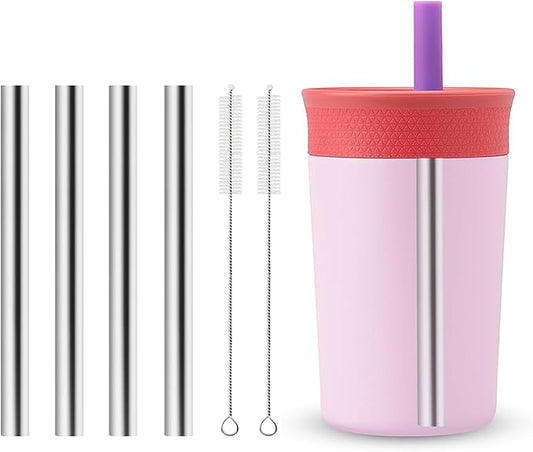 Metal Straw Replacement Compatible With Owala Kids Tumbler Cup 12oz & 15oz, Stainless Steel Straws for Owala Kids Water Bottle Accessories, With 2 Straw Cleaner, Reusable - 4Pcs