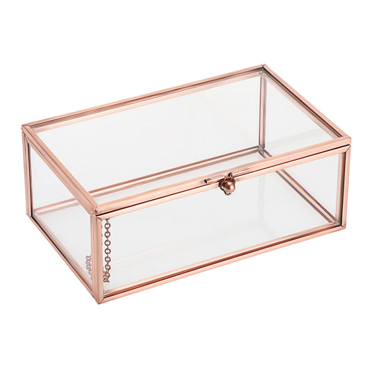 Hipiwe Vintage Glass Keepsake Box Rectangle Jewelry Display Organizer Lidded Box Home Decor Glass Decorative Box for Trinket Rings Earrings Bracelet, Rose Gold, Small