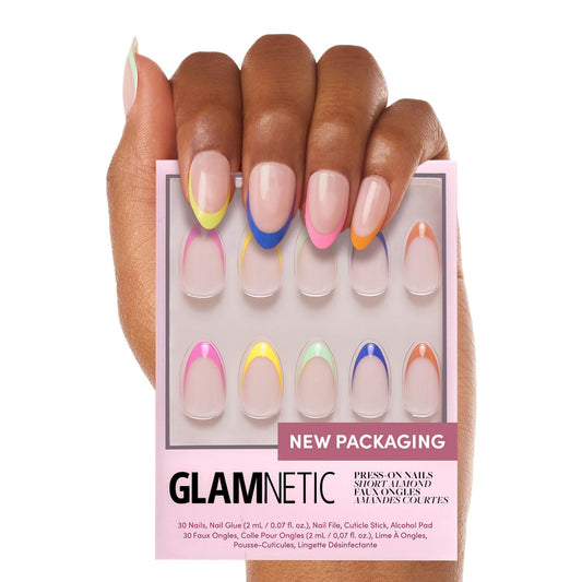 Glamnetic Press On Nails - Sprinkles | Rainbow French Tip Fake Nails, UV Finish Short Pointed Almond Shape, Salon Quality Semi-Transparent Nails in 12 Sizes - 24 Nail Kit with Glue