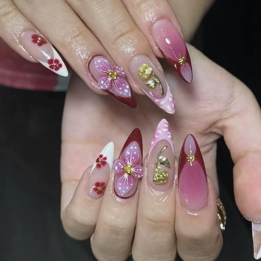 CTTHNBD Press on Medium Nails - Almond Fake Nails with Gold Floral Chrams Design - French Tip False Nails Press ons - for Women 24 Pcs