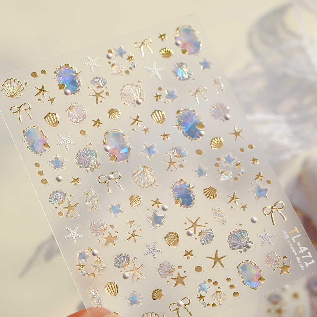 Summer Ocean Nail Art Stickers 5D Embossed Seashell Starfish Nail Stickers Gold Foil Nail Decals with Bow Design Self-Adhesive Y2K Nail Accessories for Women Girls DIY Manicure 1 Sheet