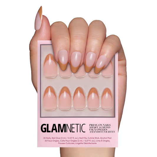 Glamnetic Press On Nails - Café Crème | Semi-Transparent Light Brown French Tip Short Almond Fake Nails in a Glossy Finish, Salon Quality | 15 Sizes - 30 Nail Kit