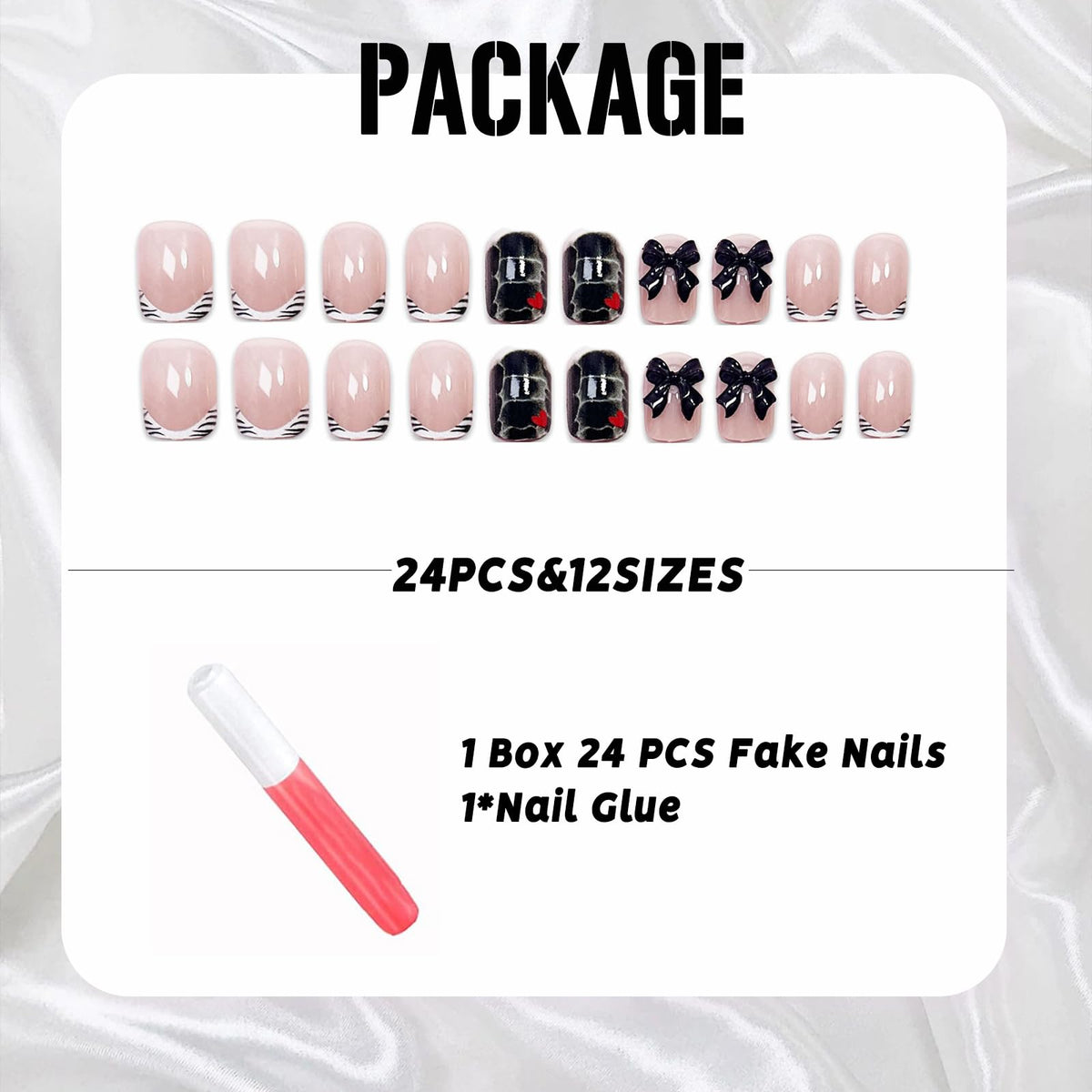 IMSOHOT Short Square Press on Nails with 3D Bow Charm Designs Black White French Tips Fake Nails Acrylic Full Cover Glossy False Nails Glue Stick on Nails for Women Girls 24Pcs