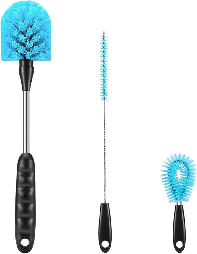 12.2 inch Bottle Brush Set of Threeï¼Washable Coffee Cups, Water Bottles, Baby Bottles, Straws, to-go Cups, Long-Handled 3-in-1 Stainless Steel Bottle Brushes. (Blue)