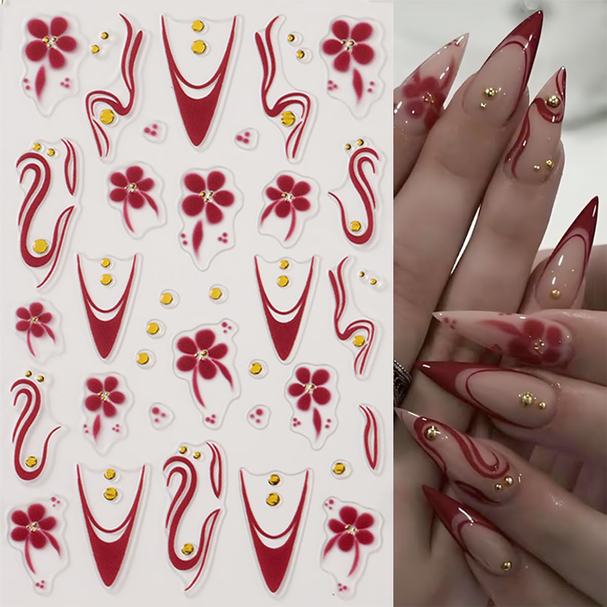 4 Sheet Flower Nail Art Stickers Golden Gilding French Design Nail Stickers 3D Self-Adhesive Exquisite Line Nail Decals Leopard Print Nail Art Decals Fall Flower Nail Supply for Women DIY Manicure