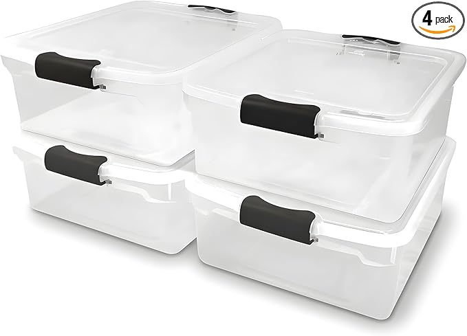 HOMZ 4-Pack 15.5 Quart Latching Lid, Clear Plastic Storage Organizer Bins, Gray Ã¢ÂÂ Stackable Containers for Home & Office Shelves, Kitchen, Garage, and Bathroom Organization