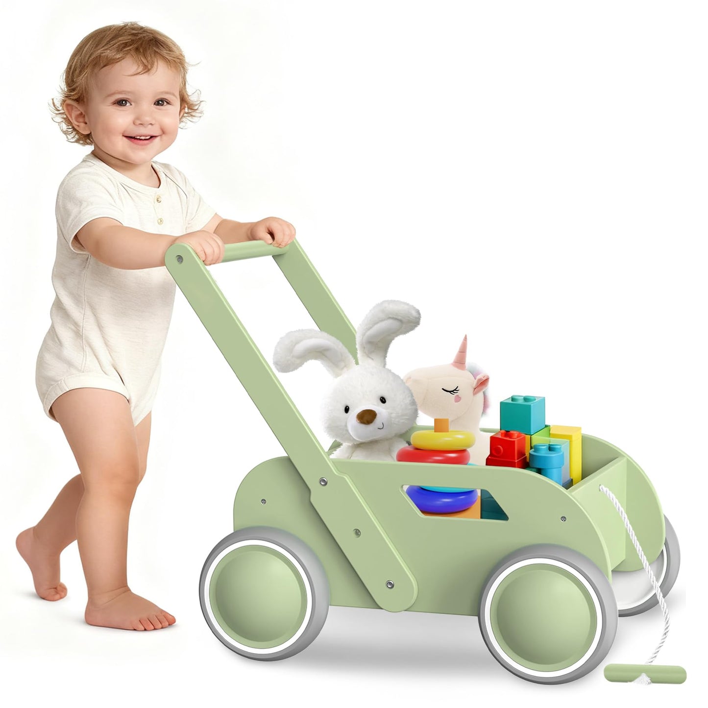 Wooden Baby Walker for Toddler, Baby Push Walker with Wheels for Infants Boys Girls, Toys Gift for Birthday Christmas New Year, Mint Green