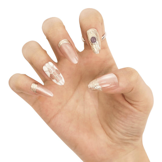 Belleruta Press On Nails Kit, Exquisite Rose Gold Gemstone, Short Almond Fake Nail Tips, 30 PCS Nails Press Ons with Glue and Gel