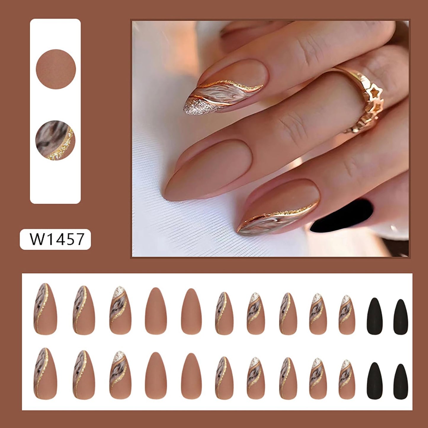 Press on Nails Medium Almond Artificial Acrylic Nails Brown French False Nails Gold Stripe Smudge Design Fall Winter Fake Nails Full Cover Glossy Reusable Coffin Nails Glue on Nails for Women 24Pcs