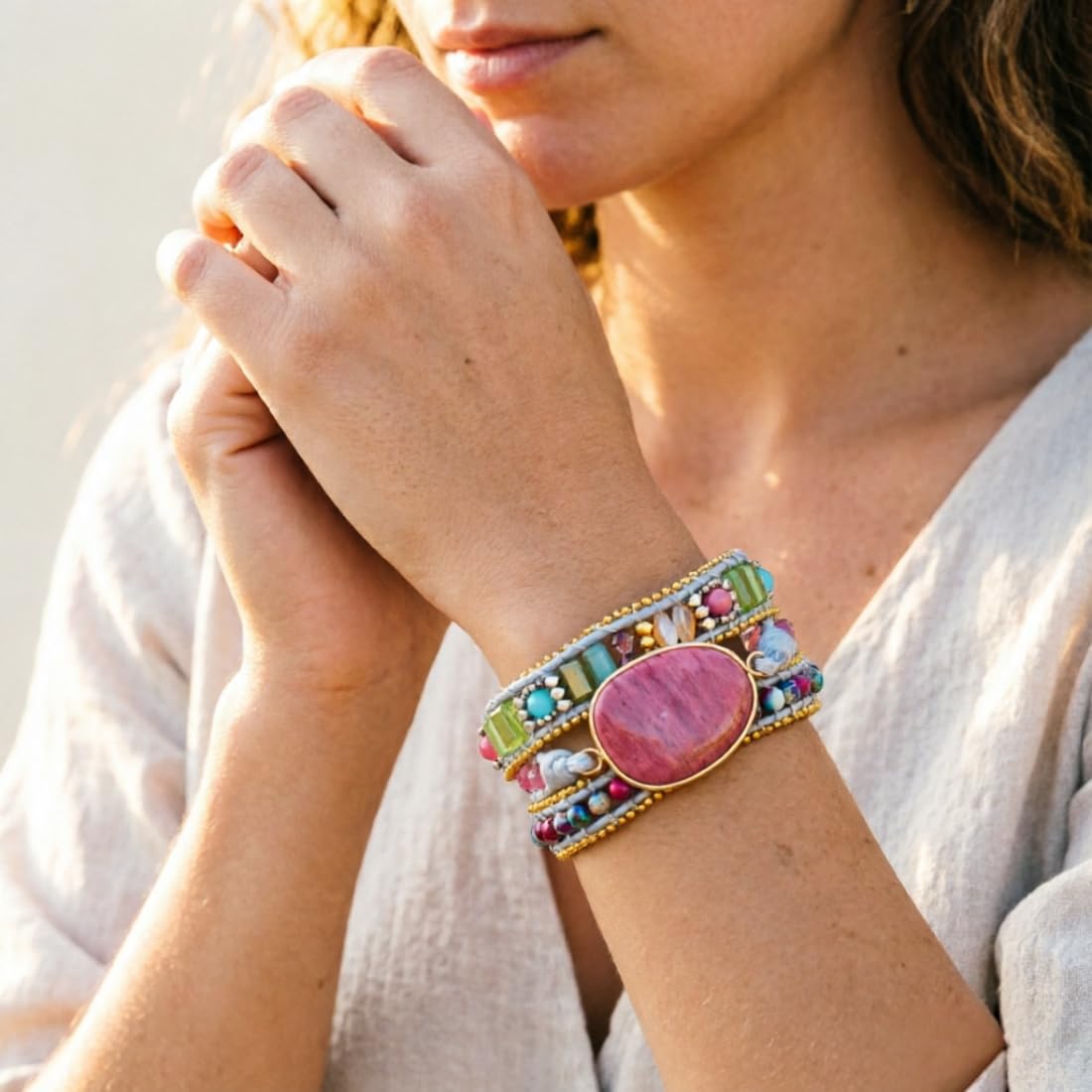 YGLINE Boho Wrap Bracelets Natural Rhodochrosite Crystal Stone Variety Beads Strand Bracelet
