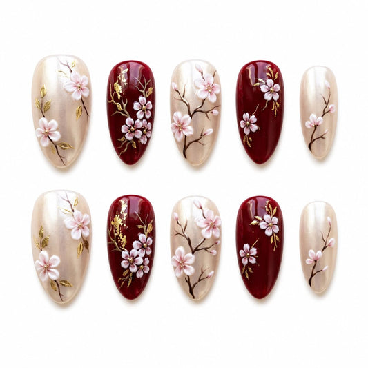 Press On Nails Almond Medium, Handmade Red Champagne Acrylic Fake Nails, Cherry Blossom Sakura Floral Design, Reusable Glossy, Custom Made to Order