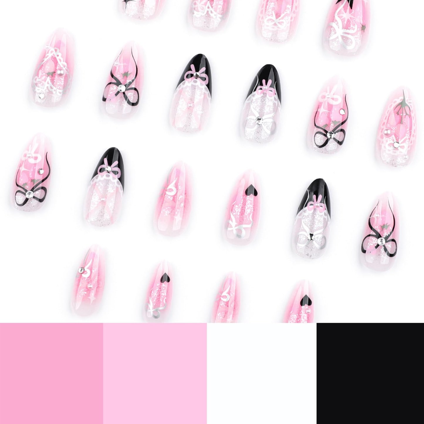 Pink Tulip Flower Press on Nails Short Almond Fake Nails Cute Bow False Nails with 3D Rhinestone Pearl Charms Designs Acrylic Nails Lovely Rabbit Stick on Nails for Women Nails Decor Supplies 24Pcs