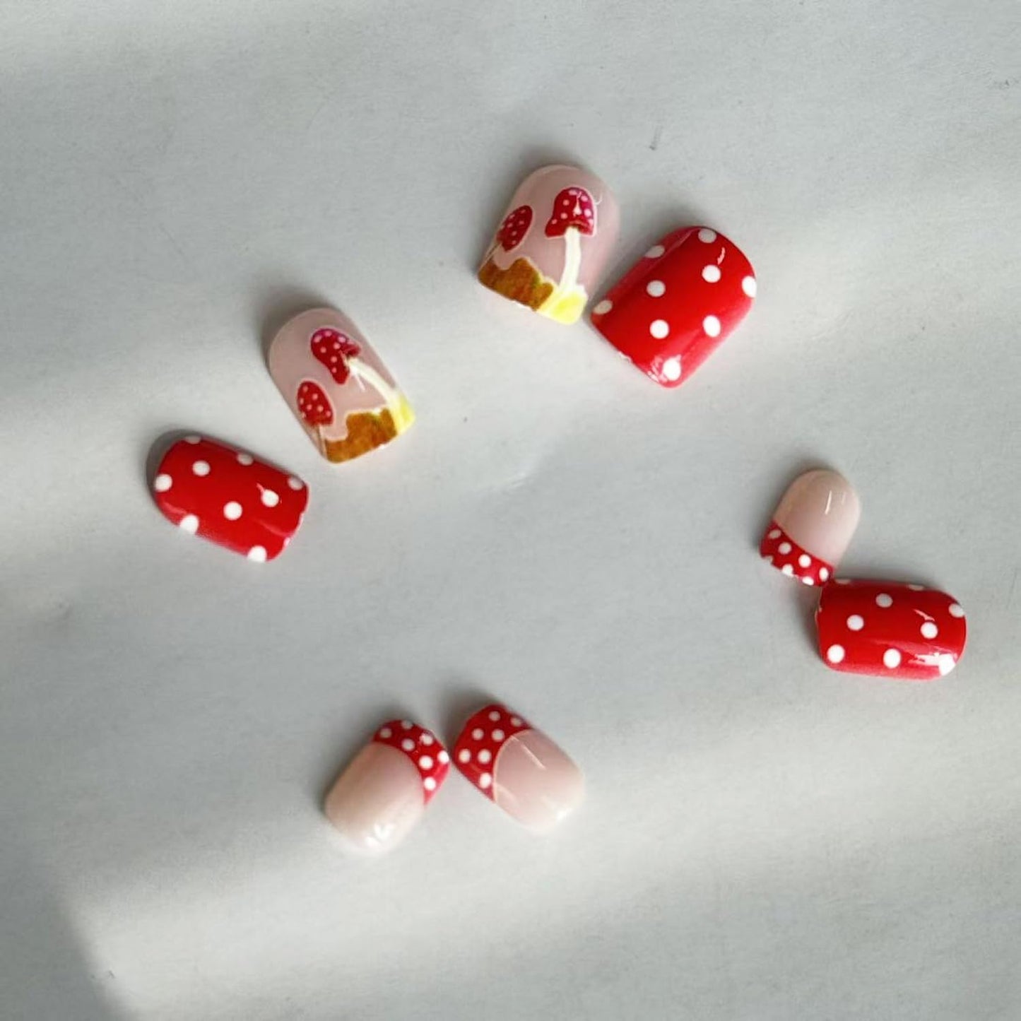 Red Press on Nail Short Square Fake Nails Full Cover Red with Polka Dot Stick on Nail French Tip Press ones Glossy Mushroom Pattern Cute Acrylic Nails Reusable Manicure For Women Nail Supplies24pcs