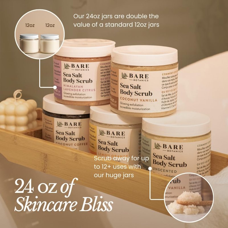 Bare Botanics 24oz Unscented Sea Salt Body Scrub | Non-toxic, Vegan & Cruelty-free | Made in Madison, WI | Full Body Exfoliator & Hydrating Moisturizer with a Cute Wooden Spoon