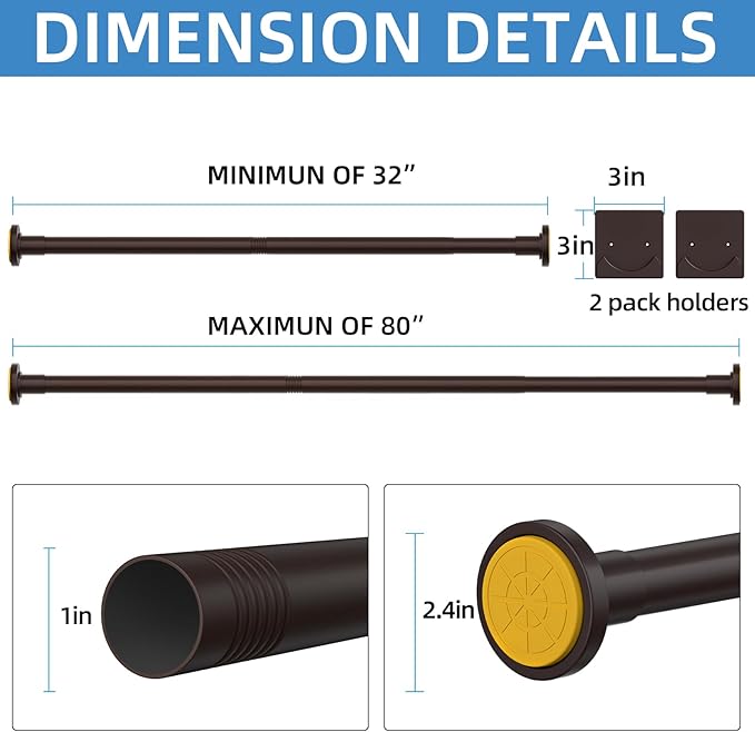CorkLatta Matte Bronze Shower Curtain Rod,1 Inch Diameter Stainless Steel Adjustable Spring Tension Rods 32 to 80",with Holders,Anti-Slip,Curtain Rods No Drilling(1 Pack)