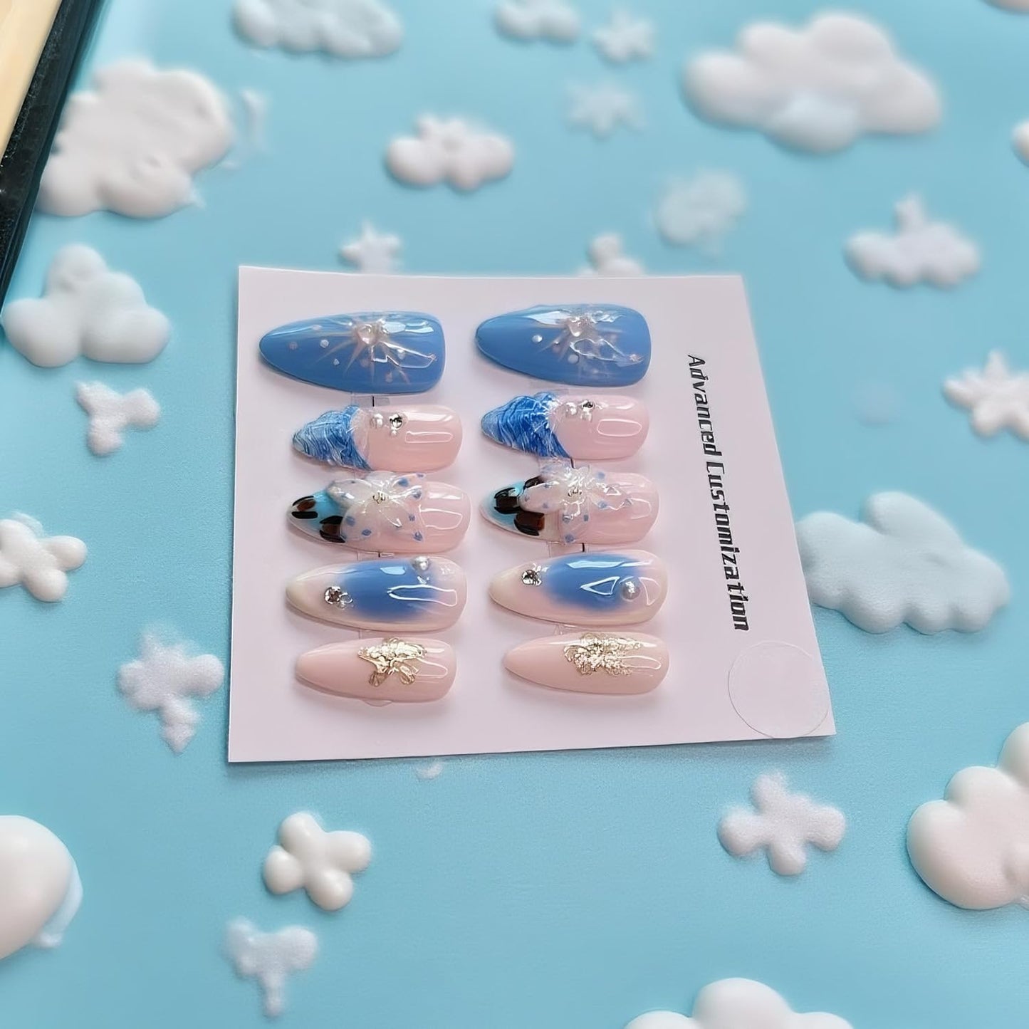 Handmade Press on Nails Medium Almond Fake Nails Press Ons Summer 3D Luxury Cute Flower Full Cover Stick on Nails Floral Glue on Nails for Women Girls Manicure (Blue Summer M)