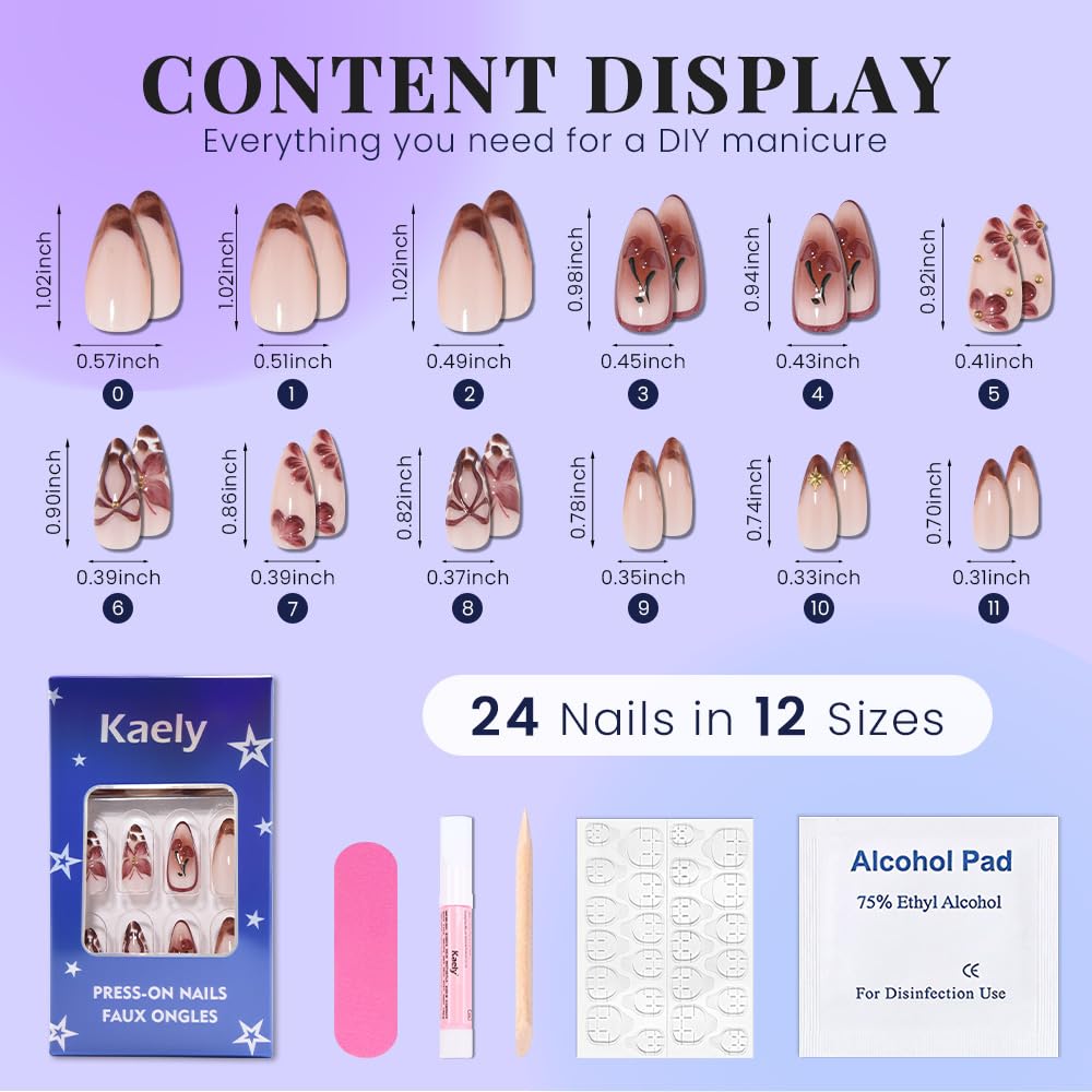 evpct 3D Red Cherry Press on Nails Short Almond No Glue, Short Almond with 3D Red Bow Butterfly Design, Coffee Tip Stick on Nail for Women Gift with Kit, Reusable Full Cover Soft Press on Fake Nail