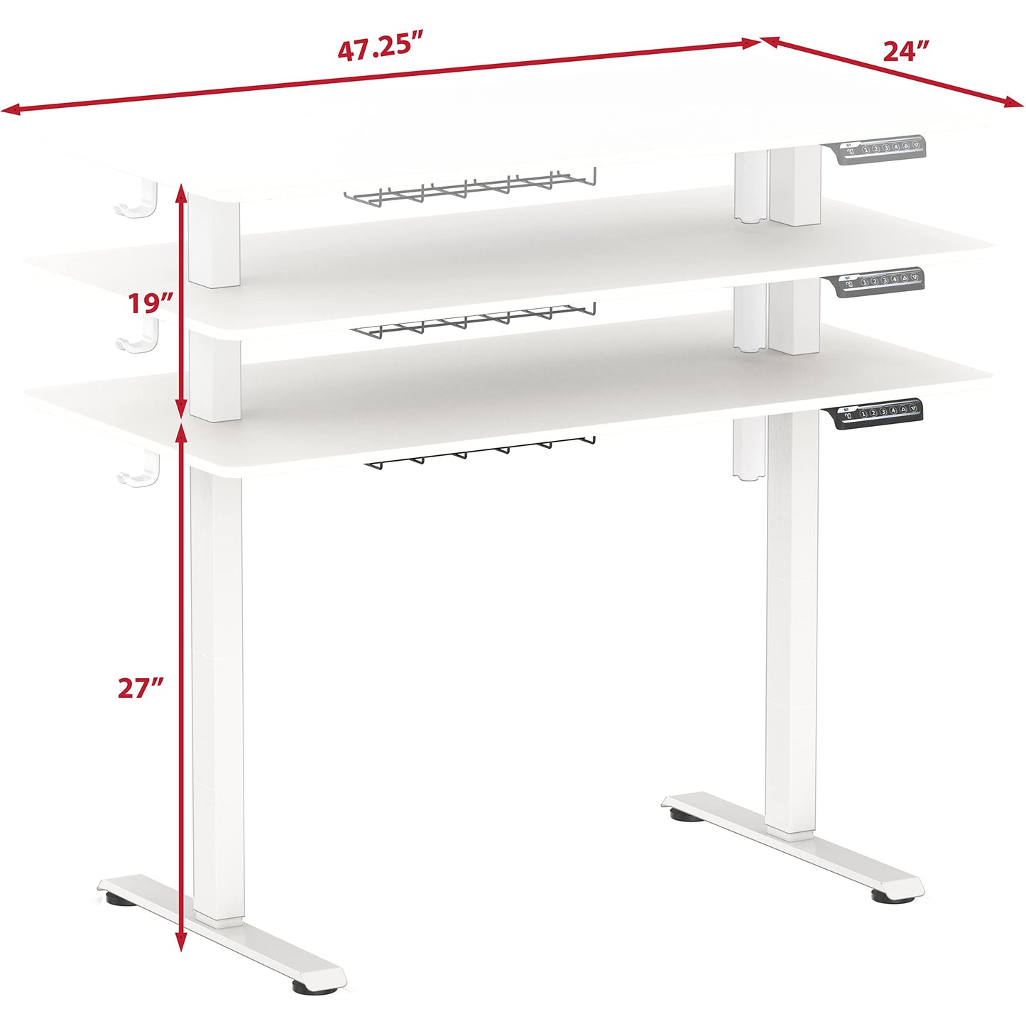 SHW 48-Inch Electric Height Adjustable Sit to Stand Desk with Hanging Hooks and Cable Management, White Frame and White Top