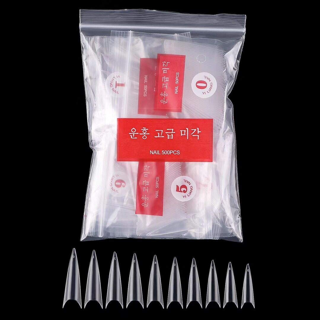 600pcs Stiletto Nail Tips Long Shape Clear Half Cover False Nail Art Tips ，DIY Nail Salon Art 10 Size with Bag