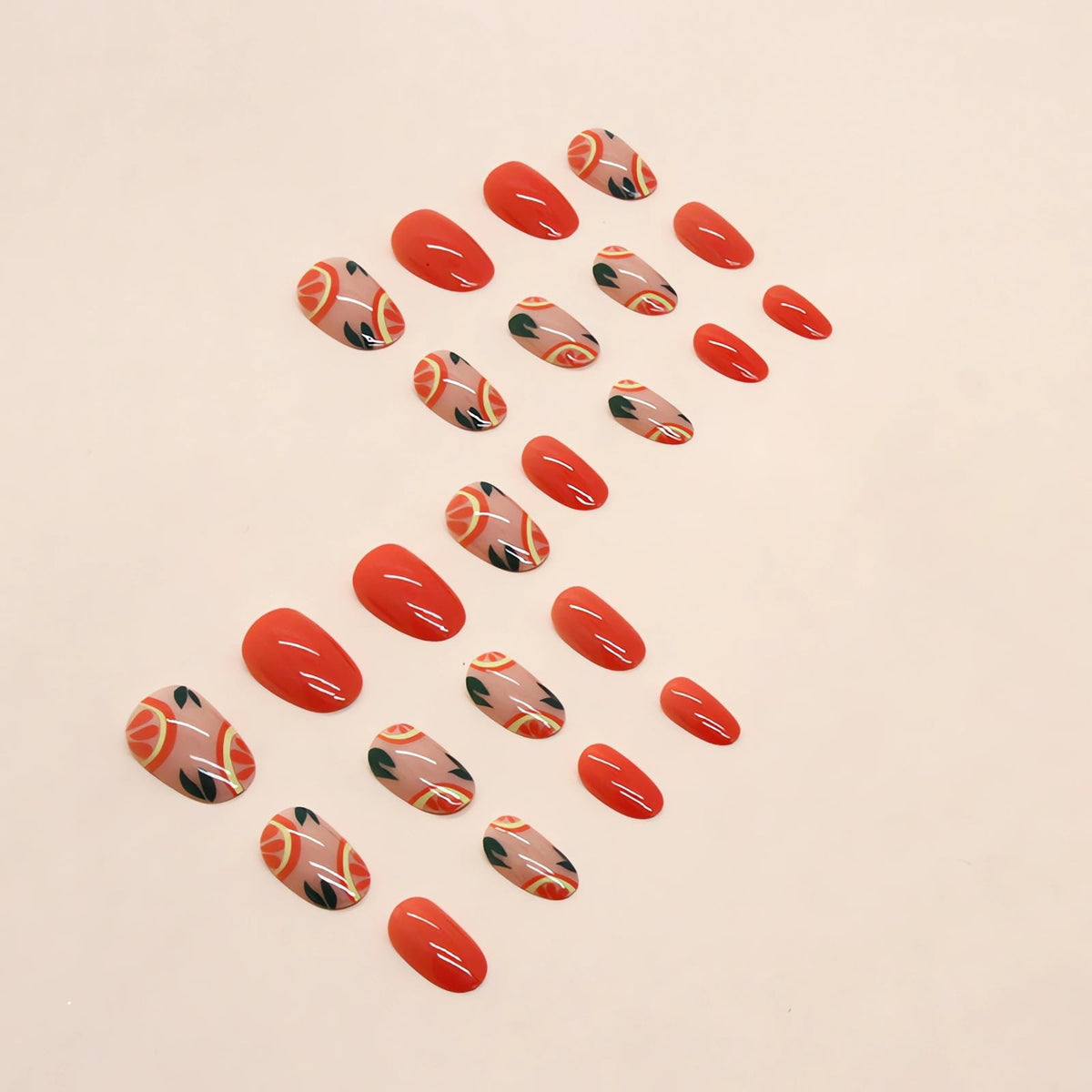 IMSOHOT Oval Short Press on Nails Orange French Tips Fake Nails Fresh Fruit Designs Nude Glossy Round Acrylic False Nails with Designs Cute Stick on Nails for Women and Girls 24Pcs
