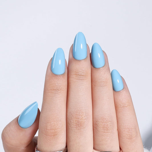 Blue Press On Nails - Short Almond Press On Nails, Light Blue Reusable Fake Nails with Nail Glue for Women, 32 Pieces, 16 Sizes