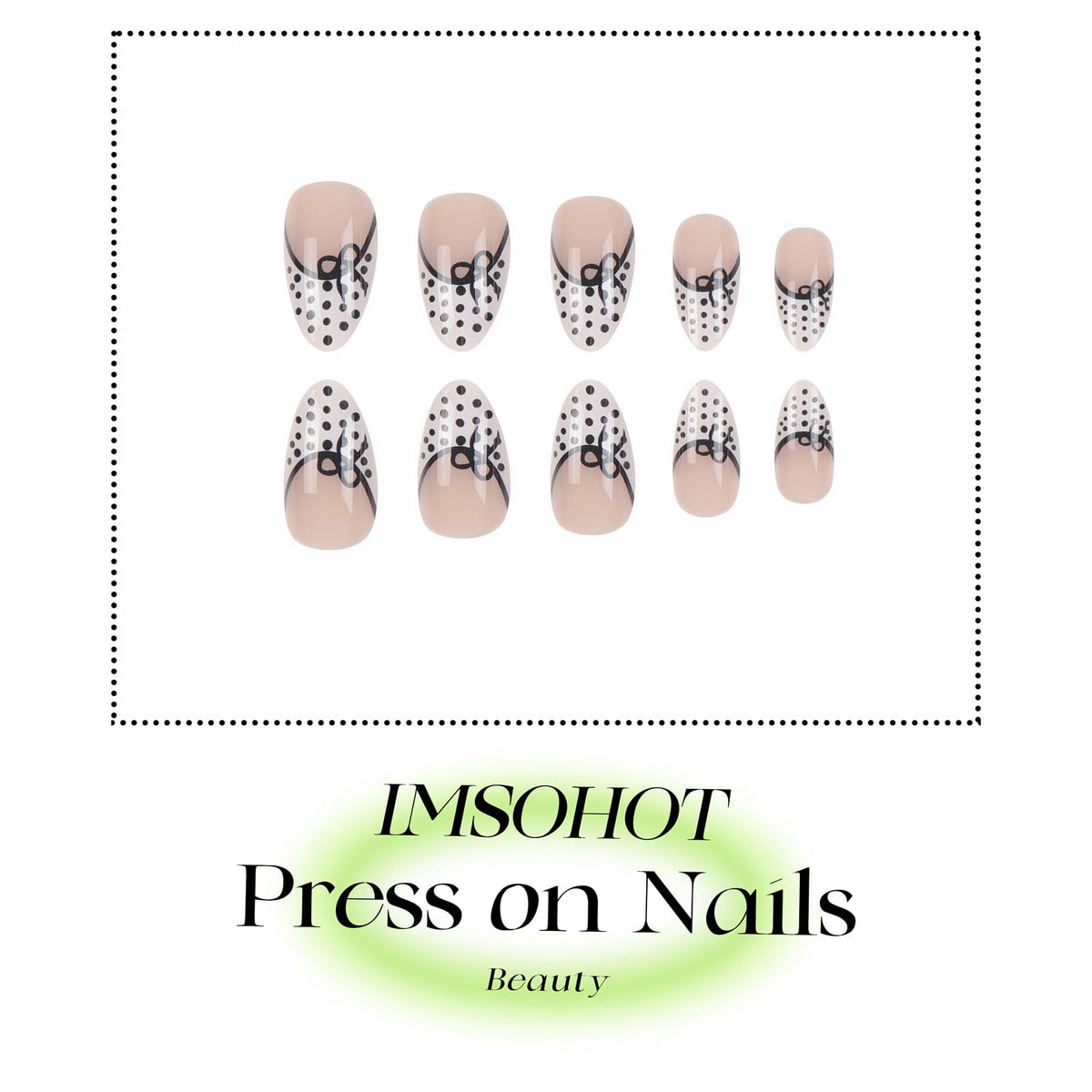 IMSOHOT Press on Nails, Black & White, Polka Dot Pattern Design, Medium Almond Fake Nails, French Tips Glossy Acrylic False Nails, Full Cover Cute Glue on Nails | 12 Sizes - 24 Nail Kit