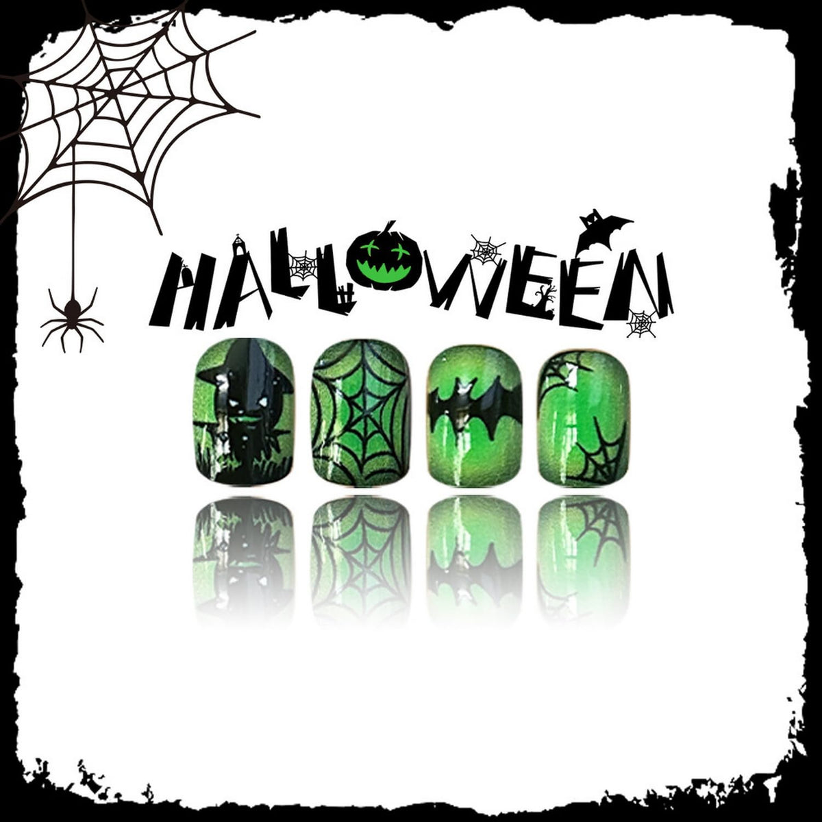24pcs Halloween Short Press on Nails Horror Fake Nails Ghost Pumpkins Spider Web designs Square Stick on Nails Glossy Full Cover Green Black False Nails for Women Finger Spooky Nail Supplies