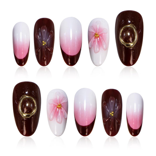 Vanpaga Handmade Press-on Nails Acrylic Almond Shape with 3D Jelly Flowers, Red French Tip & White-Pink Ombre – Short Soft Gel Nails Kit, Reusable Stick-on Nails, Ideal Gift for Women (Size S)