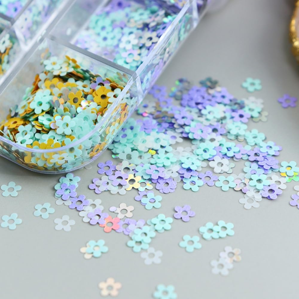 1 Box 6 Color Holographic Flower Nail Glitter Laser Aurora Pink Nail Sequins 3D Blue Purple Nail Flakes Sparkly Powder Flakes Shiny Nail Glitter Colorful Nail Sequins Glitter for Nails Art 12 Grids