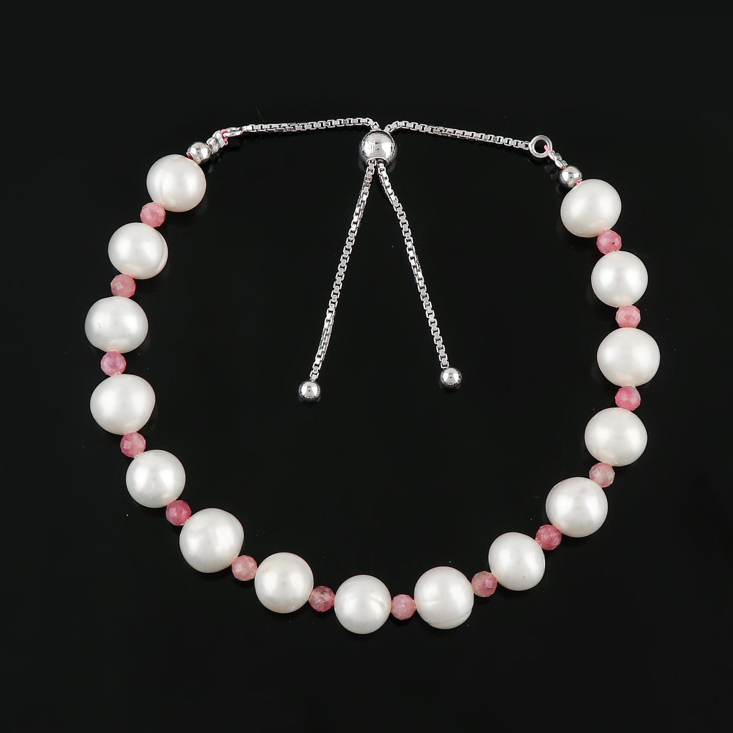 CRYSTALIS Natural Pink-Tourmaline And Freshwater Pearl Beaded Bracelet, Elegant Beads Crystal, Chakra Bracelet, Healing Bracelet, Gemstone Jewelry, 925 Sterling Silver Slider 10 inch