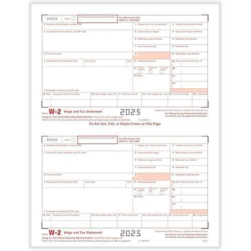 W2 Tax Forms 4 Part 2025, 50 Employees Kit of Laser Forms with 6 W3s, and 50 Self-Seal Envelopes IRS-Compatible, Great for QuickBooks and Accounting Software, All W2 Lazer Forms in Value Pack,