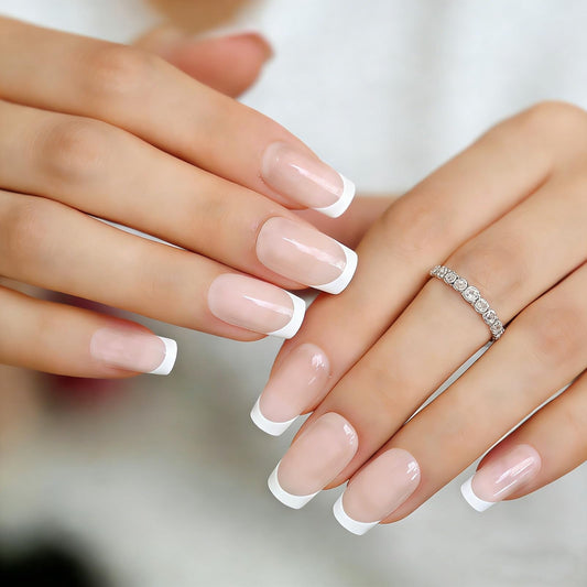 Glossy Natural Nude White French Press On Nails Square - IKISKT Acrylic False Nails, Glue On Nails with Glue Sticker Salon Women Girls DIY Stick On Nails - 24PCS UV Gel Reusable Fake Nails Kit